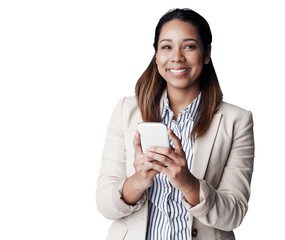 Poster - Business woman, happy and cellphone for thinking of text and social media for online networking. IT consultant, positive and face with mobile app for email and isolated on transparent png background