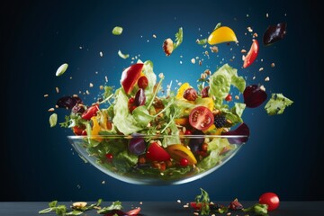 Wall Mural - A close-up of a deconstructed salad bowl, ingredients in mid-air