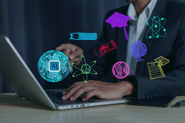 E-Learning Technology Webinar Online education and training for new knowledge. AI-enhanced learning, distance learning on virtual internet screens.