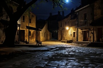 Wall Mural - A quaint village square on a quiet dark night