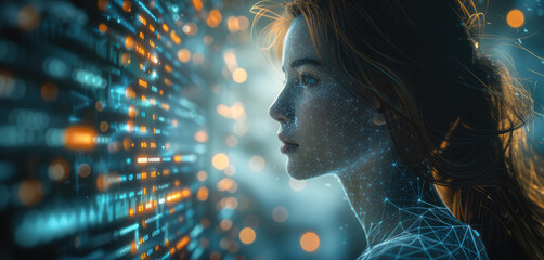 Poster - a woman sits at the control panel of a global trading system on the blockchain, analyzing a stream o