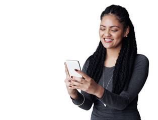 Aufkleber - Business woman, smile and cellphone in office for text and social media for online networking. Brazilian model, positive and reading a ebook on mobile app and isolated on transparent png background