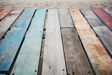 Vintage Seaside Boardwalk with Old, Colorful Wood Planks Worn by Years of Salty Air and Ocean Breeze, Generative AI