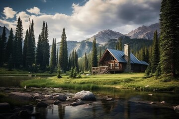 Wall Mural - Rustic cabin nestled in a picturesque landscape