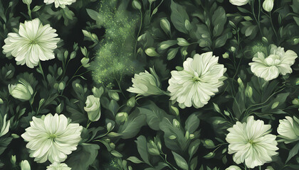 Wall Mural - White flowers with green leaves on a black background. 