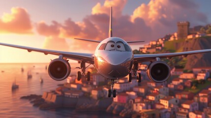 Cartoon airplane with big eyes flies low over a sunset city. A smiling airplane flies above a colorful city near the water.
