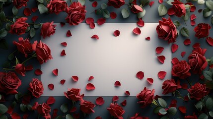 Poster - Frame for valentine's day, center is white, blank copy space, surrounded by many red roses. Generative AI.