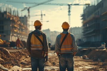 Poster - Back view of workers at a construction site. Generative AI.