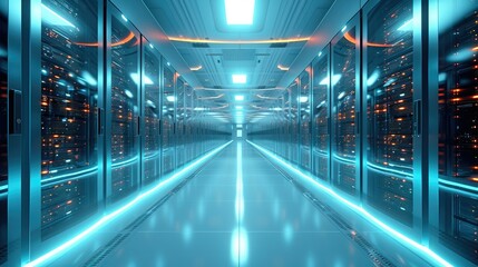 Poster - Artificial Intelligence, Supercomputer Technology Concept, Working Data Center Full of Rack Servers and Supercomputers, Modern Telecommunications. Generative AI.