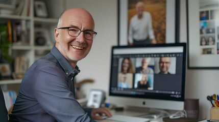 Aufkleber - Smiling photographer reviewing photos on computer in a home office setting. casual and creative workspace atmosphere captured in this image. AI