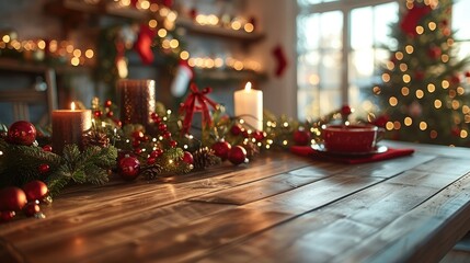 Aufkleber - Empty wooden table with a Christmas tablecloth in a minimal, cosy and warming room with Christmas decorations. Generative AI.