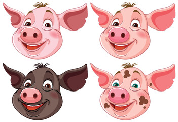 Sticker - Four happy pig characters with different expressions.