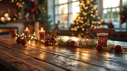 Aufkleber - Empty wooden table with a Christmas tablecloth in a minimal, cosy and warming room with Christmas decorations. Generative AI.