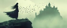 A Woman Standing On Top Of A Cliff Next To A Castle With Birds Flying In The Sky Over Her Head.