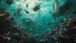 Underwater scene of pollution, sea life amongst plastic waste. environmental crisis depicted with debris in ocean water. AI