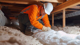 Fototapeta  - A photo of a technician inspecting existing insulation in a crawl space noting areas that need to be patched or rep for maximum effectiveness.