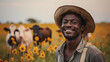 Black man farmer with mission at farm, cow and agriculture for livestock, field and industry. Generative AI.