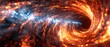 a close up of a black hole in the center of a space filled with orange and blue fire and stars.