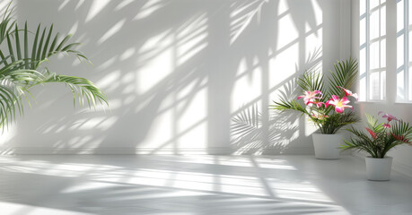 Aufkleber - Empty room with shadows of window and flowers and palm leaves with copy space. Generative AI.