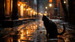 Un chat noir, sous la lune, danse en silence dans une ruelle endormie.
