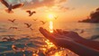 Hands Reaching Towards Sunset with Birds, serene moment captured as open hands reach out towards a glowing sunset over the ocean, with silhouetted birds flying overhead