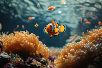 Wall Mural - Clown fish under the sea, algae and corals. Generative AI.