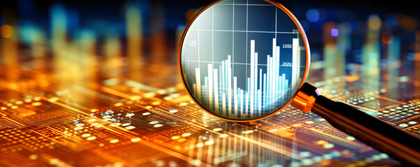 Poster - Magnifying Glass on Circuit Board – Exploring Technology Up Close. Business Control over quotes and shares. Market research. Trader.