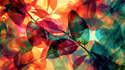 Poster - A symphony of colors and shapes this abstract digital nature background features a seamless fusion of natural elements such as leaves and branches with abstract digital patterns