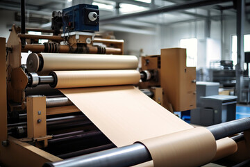 Modern paper production plant. Close-up of industrial equipment. Coated paper and cardboard.