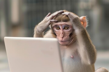 Wall Mural - A monkey with a puzzled expression on his face is sitting looking at a laptop. humor, a joke.