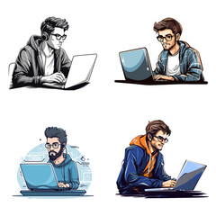 Programmer with Laptop (Software Developer) simple minimalist isolated in white background vector illustration