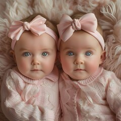 Adorable newborn twins girls with pink bows smiling at camera studio shot. Creative cute happy child character in costume concept holiday festive season greeting card commercial wallpaper.