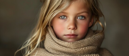 Sticker - A young blonde girl wearing a beige sweater in a close-up portrait.