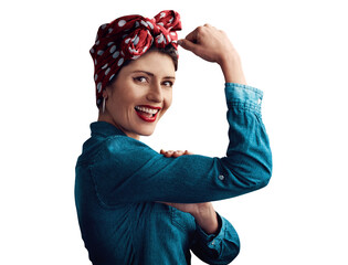 Pinup, girl and flexing arm as portrait for victory strength or vintage for retro, fashion or gender equality. Female person, face and bicep on isolated transparent png background, pride or strong