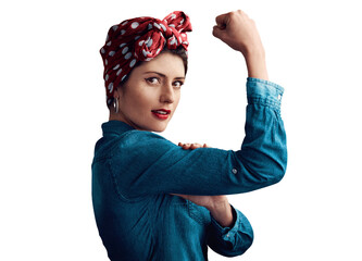 Woman, pin up and flexing bicep as portrait or victory strength or vintage as retro, fashion or gender equality. Female person, face and muscle on isolated transparent png background, pride or strong