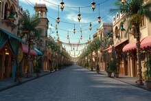 A view of city streets with festive Ramadan decorations