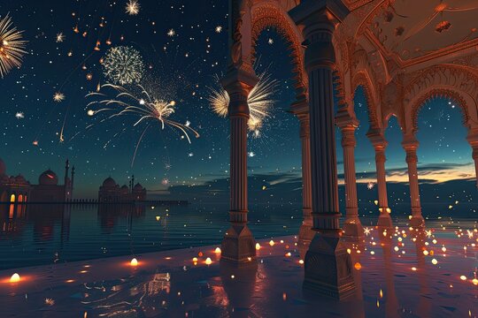 3D Ramadan scene with the night sky lit by fireworks