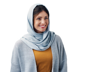 Poster - Style, hijab and portrait of young muslim woman with casual, trendy and modern outfit. Happy, head scarf and islamic person with traditional religion fashion isolated by transparent png background.