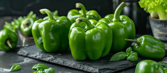 Canvas Print - A group of fresh green bell peppers arranged on a cutting board, showcasing their vibrant color and natural beauty as a staple vegetable ingredient in whole food recipes
