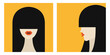 Portrait of brunette woman with long bangs hair set. Full-face, profile view. Avatar people icon for social networks. Cute cartoon character. Girl face, red lips. Flat design. Yellow background.
