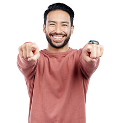 Poster - Man, portrait and happy with pointing to you for opportunity, selection and motivation with support and choice. Winner, confident and person with hand gesture isolated on a png transparent background