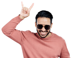 Poster - Portrait, rock on and hand gesture of man in sunglasses, cool and crazy expression for fashion isolated on a transparent png background. Face, happy and show devil horns, sign or symbol with fingers