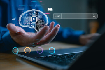 Poster - Ai tech, businessman show virtual graphic Global Internet connect AI, Artificial Intelligence. Using command prompt for generates something, Futuristic technology transformation. Chatbot Chat with AI.