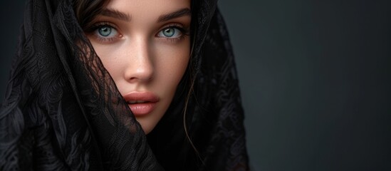 Canvas Print - a woman with long black hair and blue eyes is wearing a black veil over her face . High quality