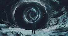 A Man In The Snowy North Looking At A Black Hole In The Sky. Generative AI