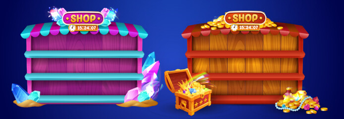 Aufkleber - Empty shop window with diamonds and gold jewelry treasure in chest for game ui design. Cartoon vector set of store wooden cabinet with shelves and canopy surrounded by golden coins and gem crystals.