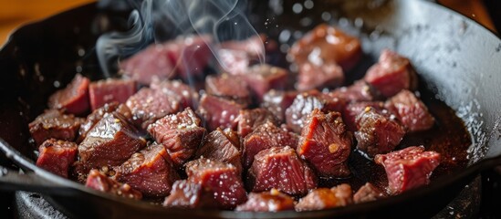 Canvas Print - Red meat from a pork animal product is being cooked in a skillet on a gas stove for a delicious recipe