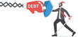 Debt management, fight with debt for financial freedom concept, professional businessman fight  with creditor or loaner huge red boxing glove with text Debt.

