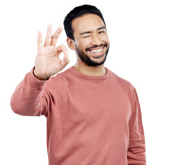 Poster - Happy, portrait and asian man with perfect, hands or wink for support on isolated, transparent or png background. Smile, face and Japanese model with OK, emoji or eye sign for you got this motivation