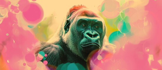 Sticker - A primate with a wrinkled snout is standing in front of a colorful background, surrounded by grass. It looks like a fictional character from an art event or performing arts entertainment